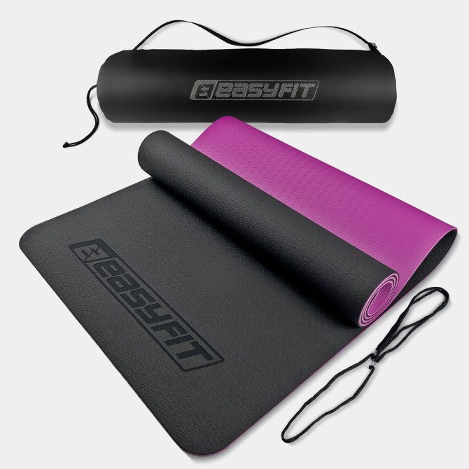 коврик для йоги и фитнеса EasyFit TPE+TC 6 мм с чехлом черный-фиолетовый