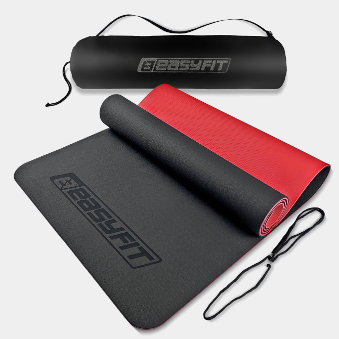 килимок для йоги та фітнесу EasyFit TPE+TC 6мм з чохлом чорний-червоний