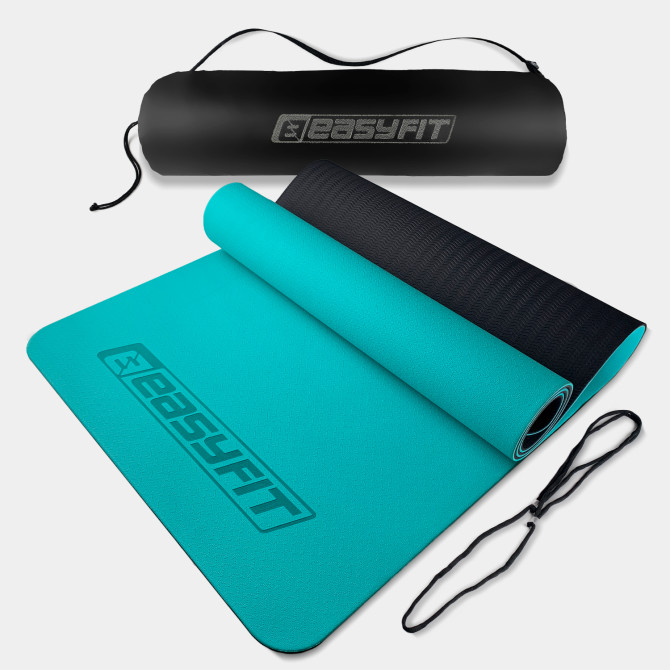 коврик для йоги и фитнеса EasyFit TPE+TC 6 мм двухслойный + Чехол мятный-черный