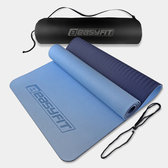 коврик для йоги и фитнеса EasyFit TPE+TC 6 мм двухслойный + Чехол голубой-синий