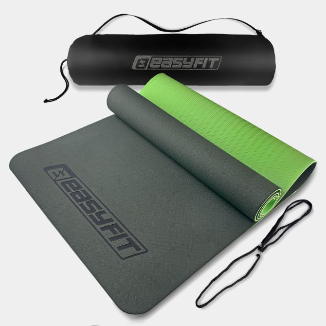 коврик для йоги и фитнеса EasyFit TPE+TC 6 мм с чехлом черный-зеленый