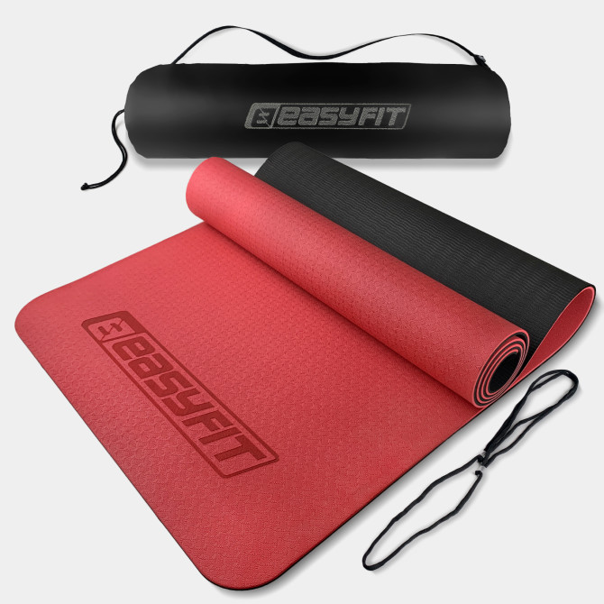 коврик для йоги и фитнеса EasyFit TPE+TC 6 мм с чехлом красный-черный