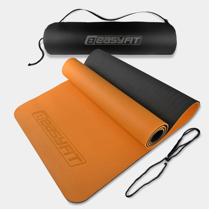 коврик для йоги и фитнеса EasyFit TPE+TC 6 мм с чехлом оранжевый-черный