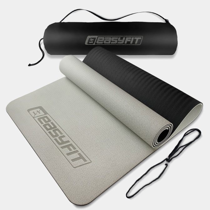 коврик для йоги и фитнеса EasyFit TPE+TC 6 мм с чехлом серый-черный