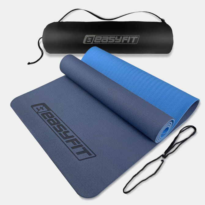 коврик для йоги и фитнеса EasyFit TPE+TC 6 мм с чехлом синий-голубой