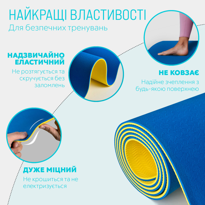 заказать коврик для йоги и фитнеса EasyFit TPE+TC 6 мм двухслойны + Чехол синий-желтый