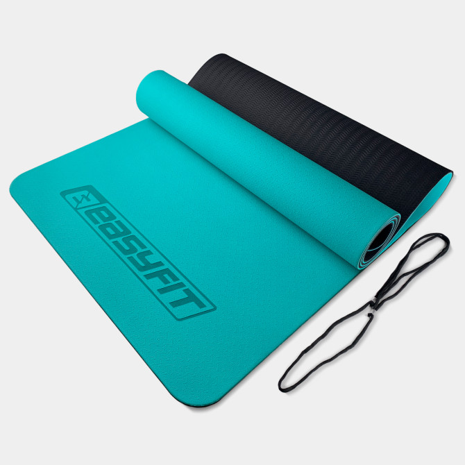 коврик для йоги и фитнеса EasyFit TPE+TC 6 мм двухслойный мятный-черный