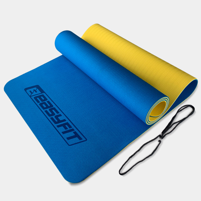 коврик для йоги и фитнеса EasyFit TPE+TC 6 мм двухслойный синий-желтый