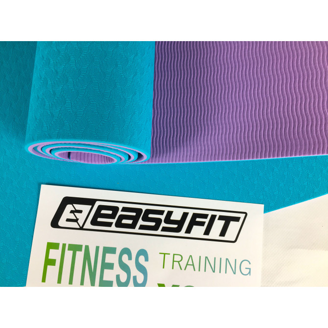 Коврик для йоги и фитнеса EasyFit TPE+TC 6 мм двухслойный + Чехол мятный с фиолетовым