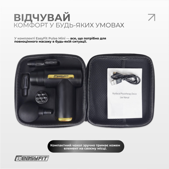 стоимость  перкуссионный массажер для тела Easyfit Pulse Mini 4 насадки, 6 режимов