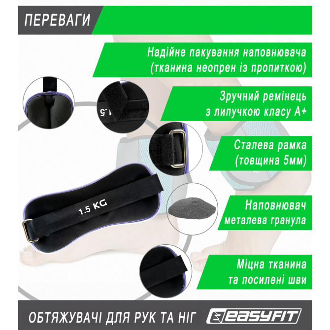 цена на утяжелители EasyFit Comfort 1,5 кг для ног и рук  с металлом (пара)