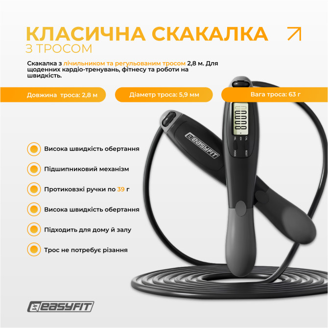 купить cкакалка с счетчиком EasyFit TwinRope скоростная 2,8 м черный-серый