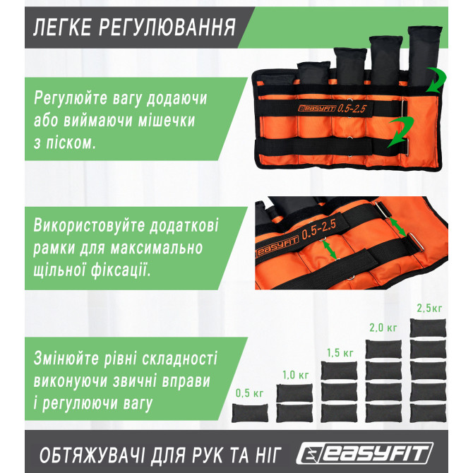 утяжелители для ног и рук EasyFit наборные черно-оранжевые 0,5-2,5 кг (пара) стоимость