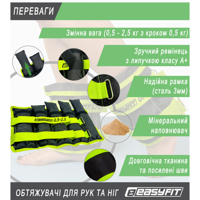 заказать утяжелители для ног и рук EasyFit наборные черно-зеленые 0,5-2,5 кг (пара)
