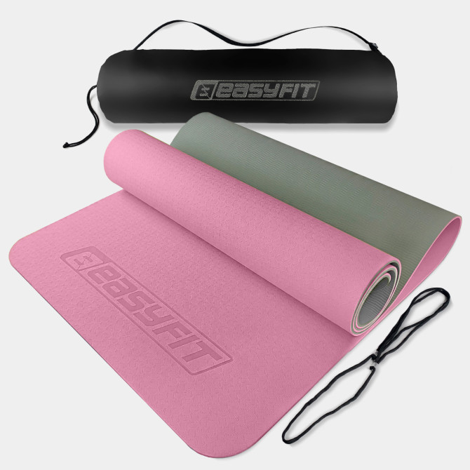коврик для йоги и фитнеса EasyFit TPE+TC 6 мм двухслойный + Чехол розовый-серый